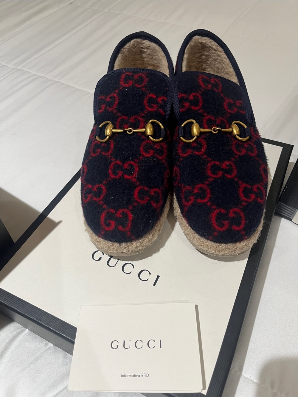 Gucci Navy & Red GG Fur Horsebit Slip-On Mules